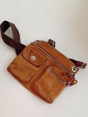 Roots Iconic Village Tribe Leather Embossed Crossbody Adjustable Strap Tan Bag